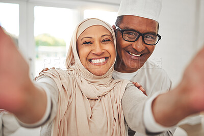 Buy stock photo Selfie, Islam and old couple in home with smile, happy culture and love in living room in Indonesia. Marriage, senior man and woman in hijab on sofa in respect, religion and face for social media.