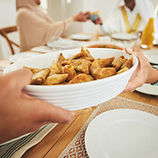 Islamic Samosa Food, samosa and muslim with hands of family at table for eid mubarak ...