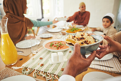 Buy stock photo Food, roti and muslim with hands of family at table for eid mubarak, Islamic celebration and lunch. Ramadan festival, culture and iftar with closeup of people at home for fasting, islam or religion