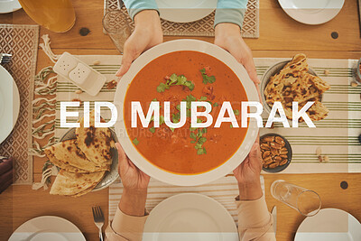 Buy stock photo Food, Eid Mubarak and soup for family at table for Islamic celebration, festival and lunch together. Ramadan, religion and above of hands with meal, dish and cuisine for fasting, holiday and culture