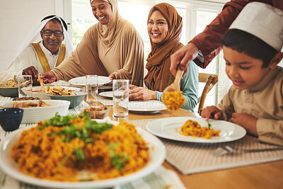 Buy stock photo Food, islam and muslim with big family at table for eid mubarak, Islamic celebration and lunch. Ramadan festival, culture and iftar with people eating at home for fasting, happy and religion holiday
