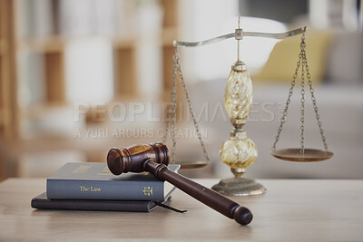 Buy stock photo Background, gavel and law books with scales on table of judge, attorney and court trial. Closeup of legal hammer, notebook or desk of lawyer in constitution, equality and human rights of fair justice