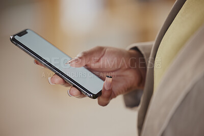 Buy stock photo Smartphone, space and hands of business woman typing on mobile app with mockup for website data. Closeup of worker scroll to search on cellphone, technology and mock up for contact, texting and chat
