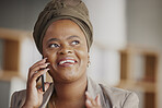 Business, black woman and phone call on cellphone in office for communication, consulting or networking. Face of happy female worker talking on smartphone in conversation, mobile contact and thinking