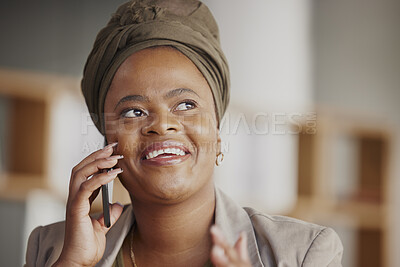 Buy stock photo Business, black woman and phone call on cellphone in office for communication, consulting or networking. Face of happy female worker talking on smartphone in conversation, mobile contact and thinking