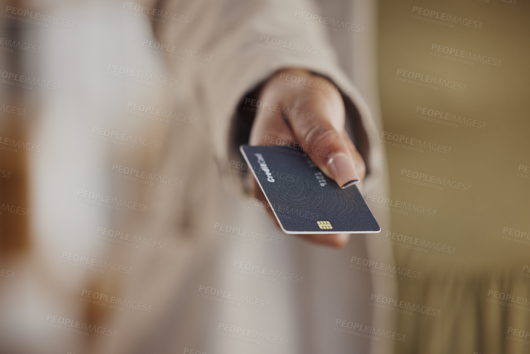 Buy stock photo Businesswoman, giving or hand with credit card for finance or payment for shopping or capital investment. Retail closeup, offer or customer in commerce for banking or trade exchange for sales economy