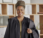 Happy, lawyer and black woman in portrait with confidence legal agency with empowerment. Smile, positive and african female attorney at company or law firm with pride as advocate for justice.