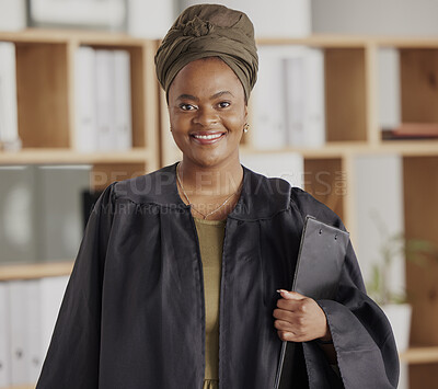 Buy stock photo Happy, lawyer and black woman in portrait with confidence legal agency with empowerment. Smile, positive and african female attorney at company or law firm with pride as advocate for justice.