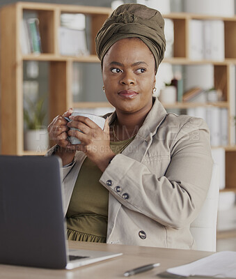 Buy stock photo Thinking, coffee and business black woman with laptop at desk for brainstorming, strategy and planning. Corporate, ideas and female person relax in workplace with beverage, caffeine and tea on break