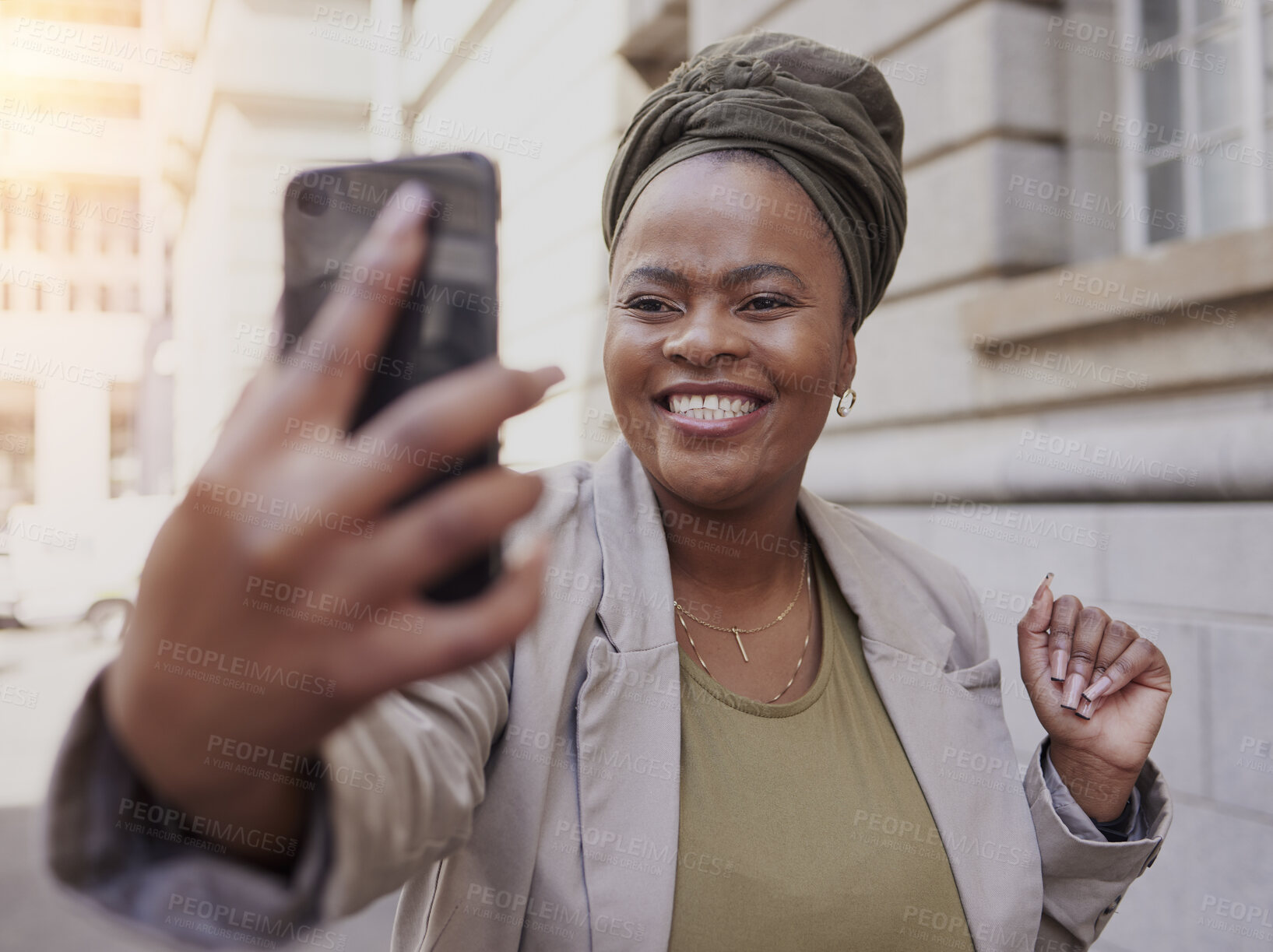 Buy stock photo Smile, business selfie and black woman in city taking a photo for profile picture, memory or social media. African professional, happy and photography outdoor on street to post on an influencer blog.