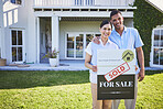 New home, sold sign and happy couple portrait for house, real estate and property purchase, sale or investment. Mortgage, people hug and outdoor woman, man or homeowner embrace for relocation