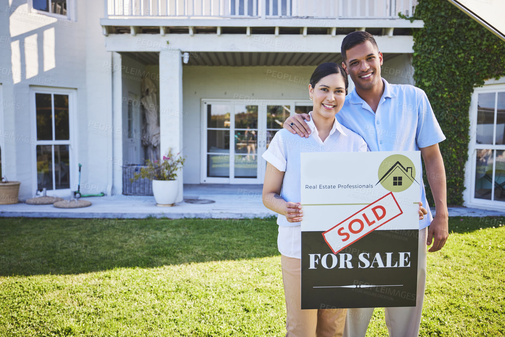 Buy stock photo New home, sold sign and happy couple portrait for house, real estate and property purchase, sale or investment. Mortgage, people hug and outdoor woman, man or homeowner embrace for relocation