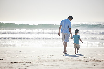 Buy stock photo Beach, holding hands and father and  child walking for outdoor wellness, freedom and fresh air on Brazil vacation. Ocean sea water, mockup and back of family, dad and young kid bonding on travel