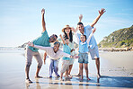 Beach, happy and portrait of family with children excited for holiday, vacation and adventure. Grandparents, travel and excited mom, dad and children by ocean for bonding, quality time and relaxing