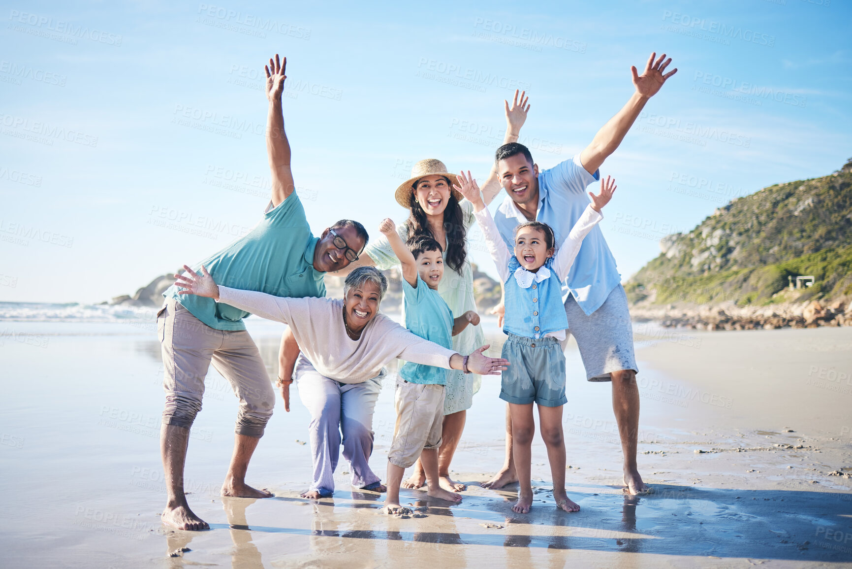 Buy stock photo Beach, arms and portrait of excited family with kids for holiday, vacation and adventure by sea. Grandparents, travel and happy mom, dad and children by ocean for bonding, quality time and relaxing