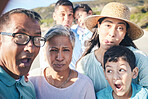 Selfie, fun and portrait with family on vacation for bonding with children in summer in outdoor. Face, love and silly with kids or parents and senior couple on holiday for quality time on weekend.