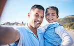 Father, girl child and beach selfie for portrait, smile and memory together in summer, vacation and outdoor. Man, young daughter and happy for photography, profile picture and holiday on social media