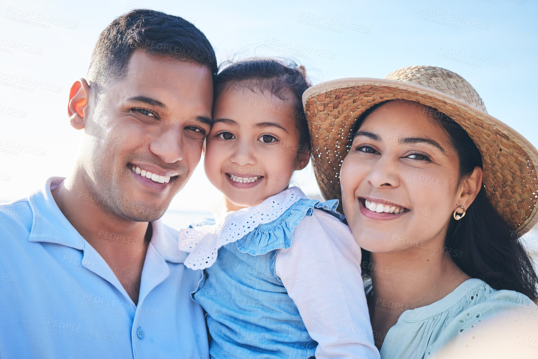 Buy stock photo Family, portrait and girl in selfie with happiness in summer for quality time on vacation. Memory, love and kid with parent with smile in outdoor for bonding on weekend with travel for adventure.