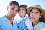 Portrait, family and fun with selfie on vacation for bonding with children in outdoor for travel. Silly, face and love and kids or parents on holiday for quality time or adventure with goofy people.