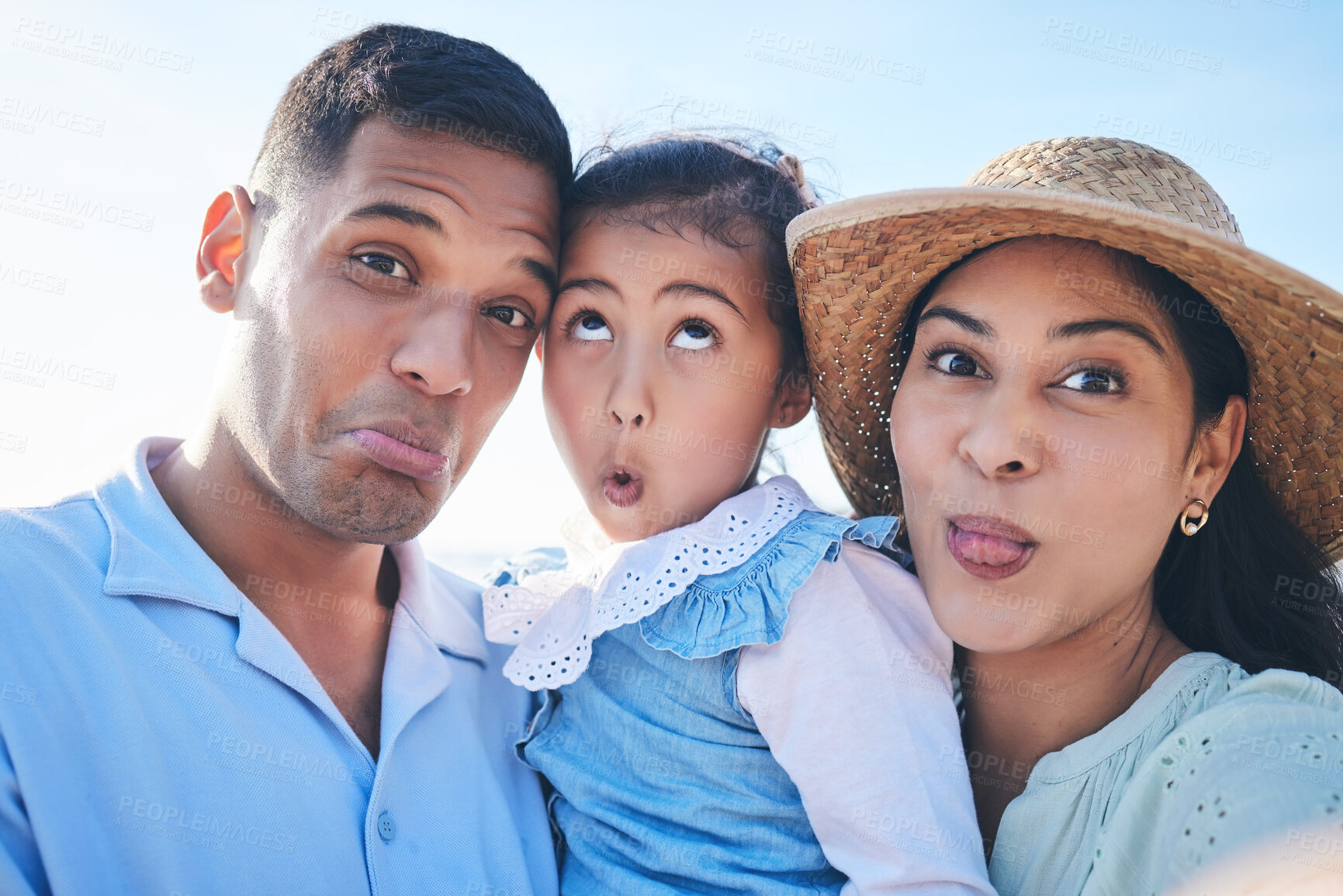 Buy stock photo Face, family and funny with selfie on vacation for bonding with children in outdoor for travel. Silly, portrait and love and kids or parents on holiday for quality time, adventure or goofy people.