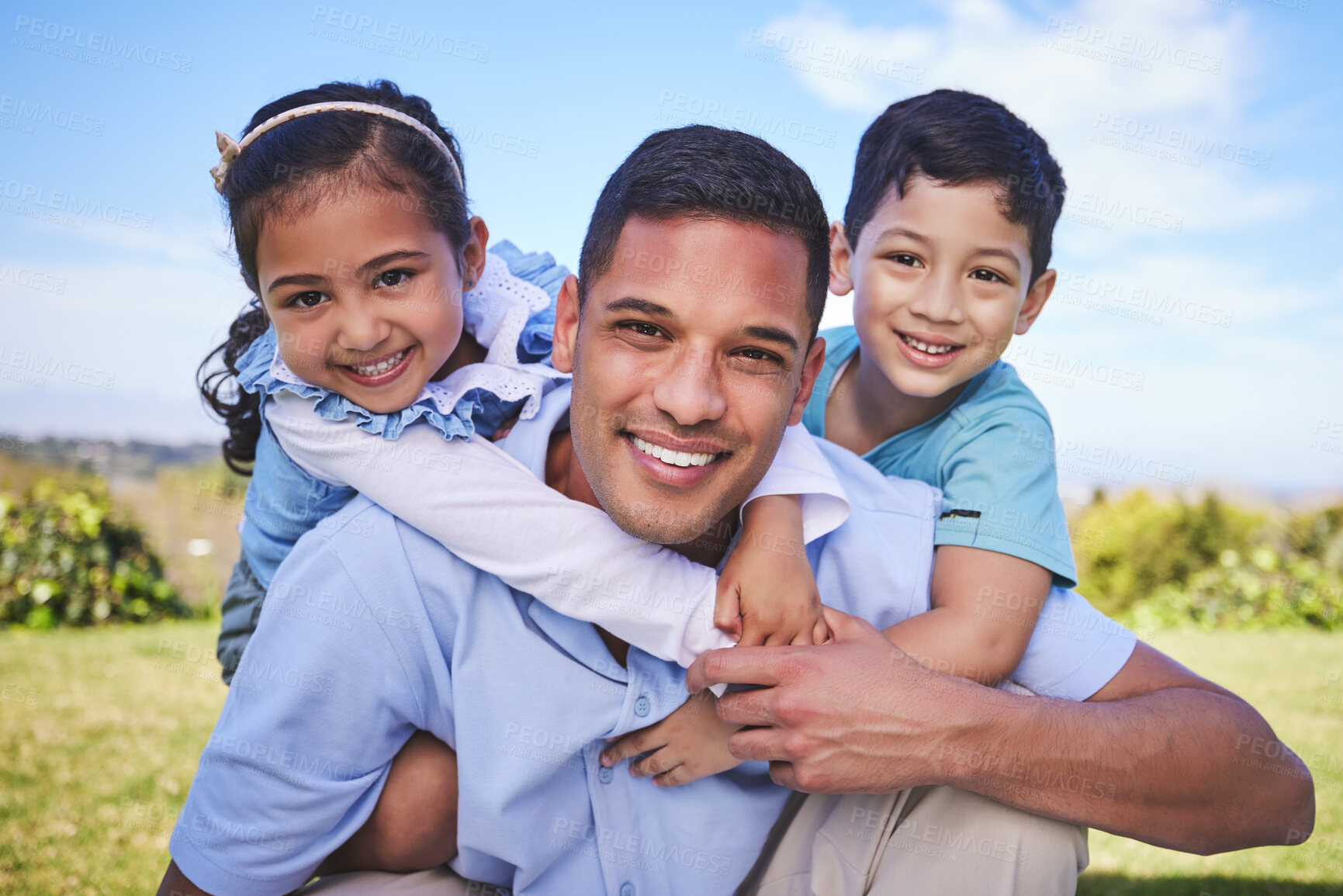 Buy stock photo Happy father, portrait and hug with kids for quality time, bonding or love together in nature outdoors. Dad smile with children in piggyback enjoying summer weekend, holiday or vacation in the park