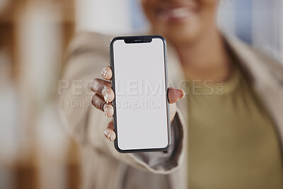 Buy stock photo Phone screen, mockup and hands of business person on mobile app, ux design or website space. Closeup of worker with presentation of smartphone tech, mock up and advertising contact of digital ui data
