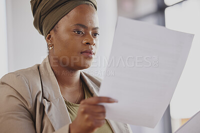 Buy stock photo Lawyer, contract or black woman reading documents, notes or will policy for analysis or review in office. Learning, person or attorney with paperwork forms or legal agreement with deal or feedback 