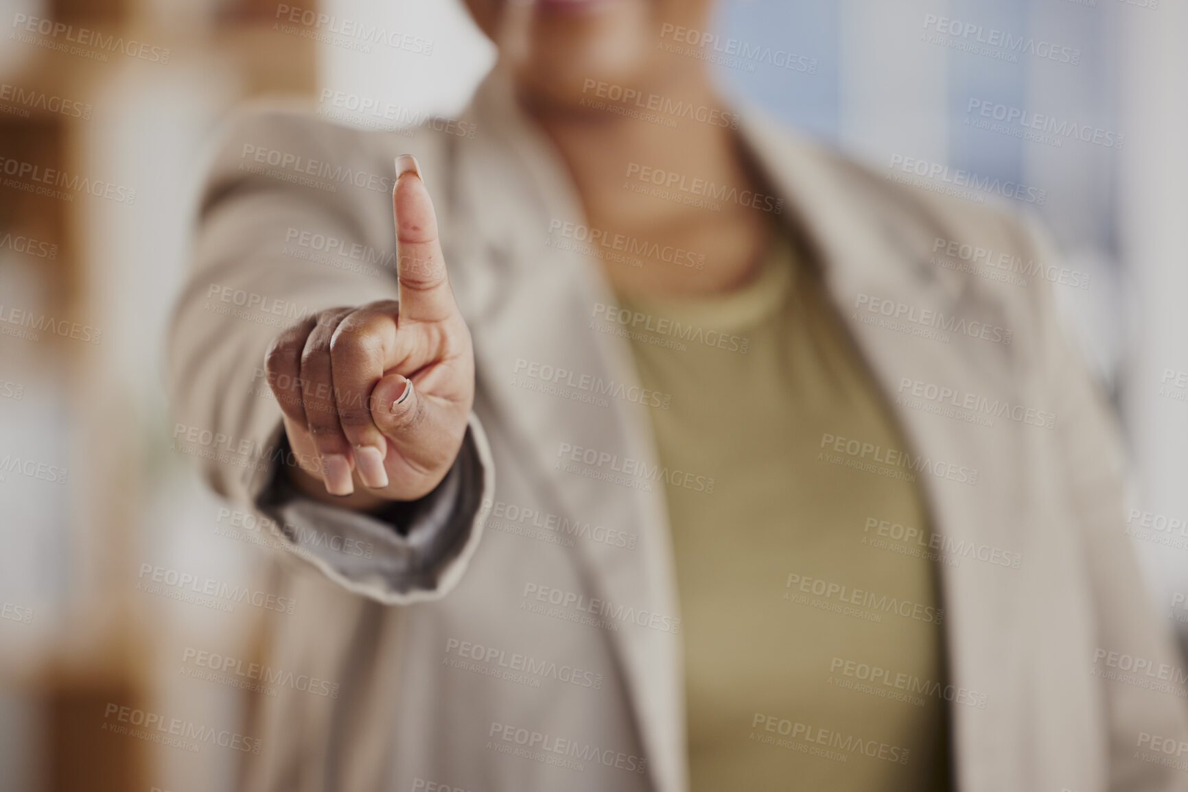 Buy stock photo Digital interface, finger and business woman with hand gesture for hud, ui and biometrics tech. Corporate, professional and person touch for communication, internet and networking choice in office.