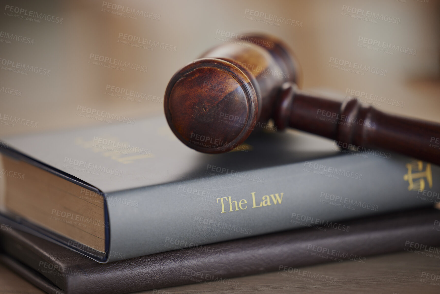 Buy stock photo Background, gavel and law books on table of attorney, judge and justice for courtroom. Closeup of legal hammer, notebook and desk of lawyer in constitution of truth, fair information and human rights