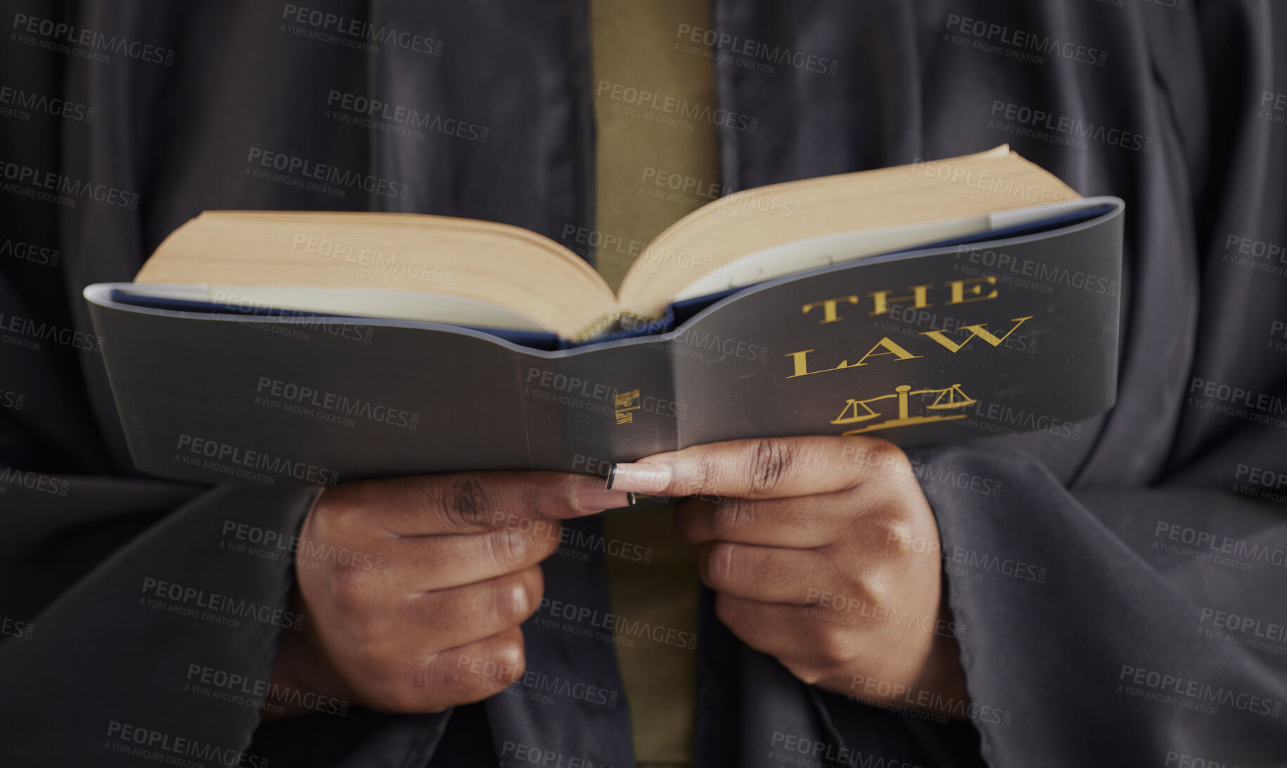 Buy stock photo Hands, law or lawyer reading book, constitution research or education for learning the justice system. Guide, advocate or closeup of attorney studying knowledge, guide or information for legal agency