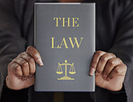 Hands, woman or judge with book, constitution research or education for learning the justice system. Lawyer, advocate or closeup of attorney studying knowledge, guide or information for legal agency