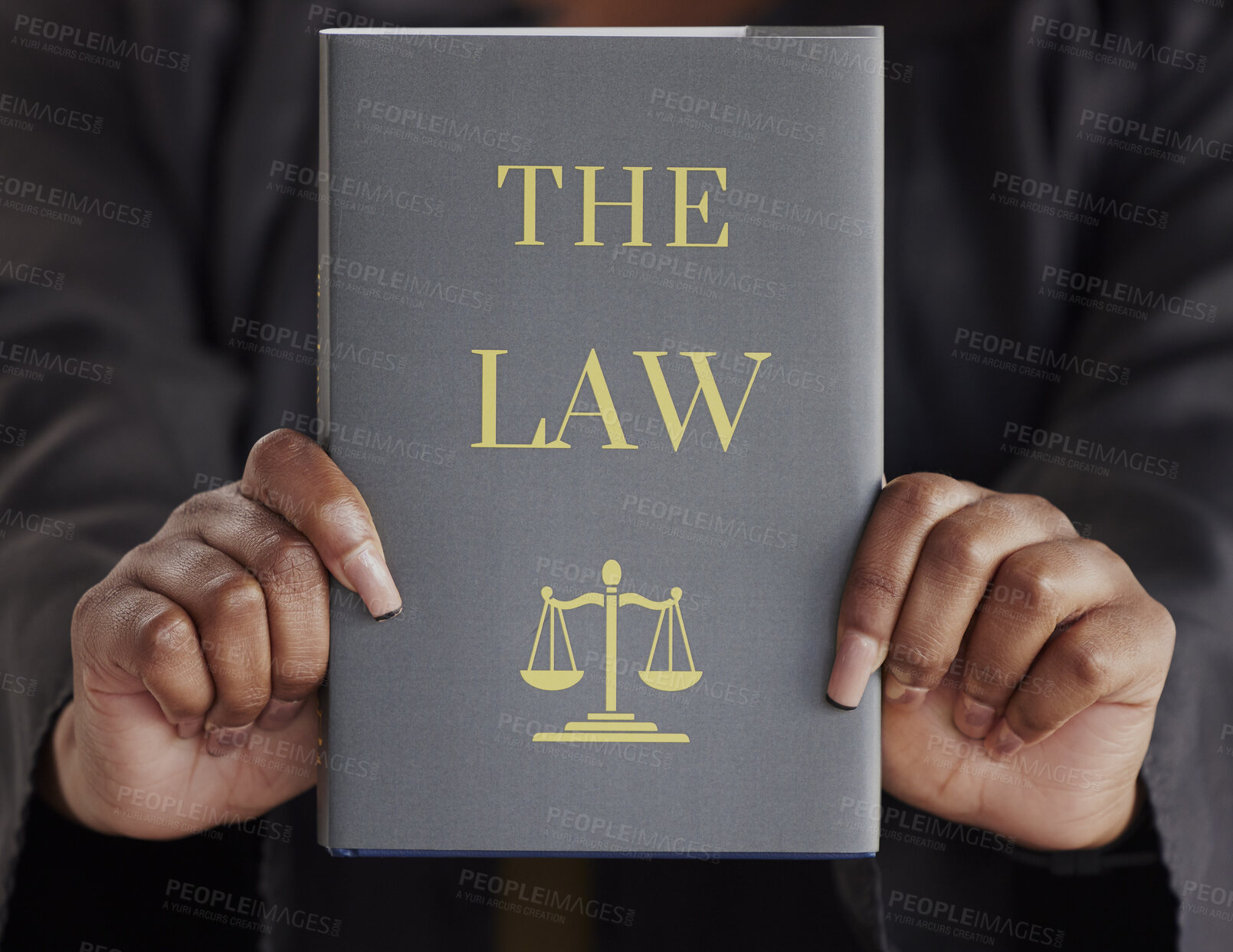 Buy stock photo Hands, woman or judge with book, constitution research or education for learning the justice system. Lawyer, advocate or closeup of attorney studying knowledge, guide or information for legal agency