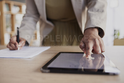 Buy stock photo Hand, tablet and fingerprint with a business woman in her office to access a secure database of information. Technology, password or biometrics with a female employee working on documents at her desk