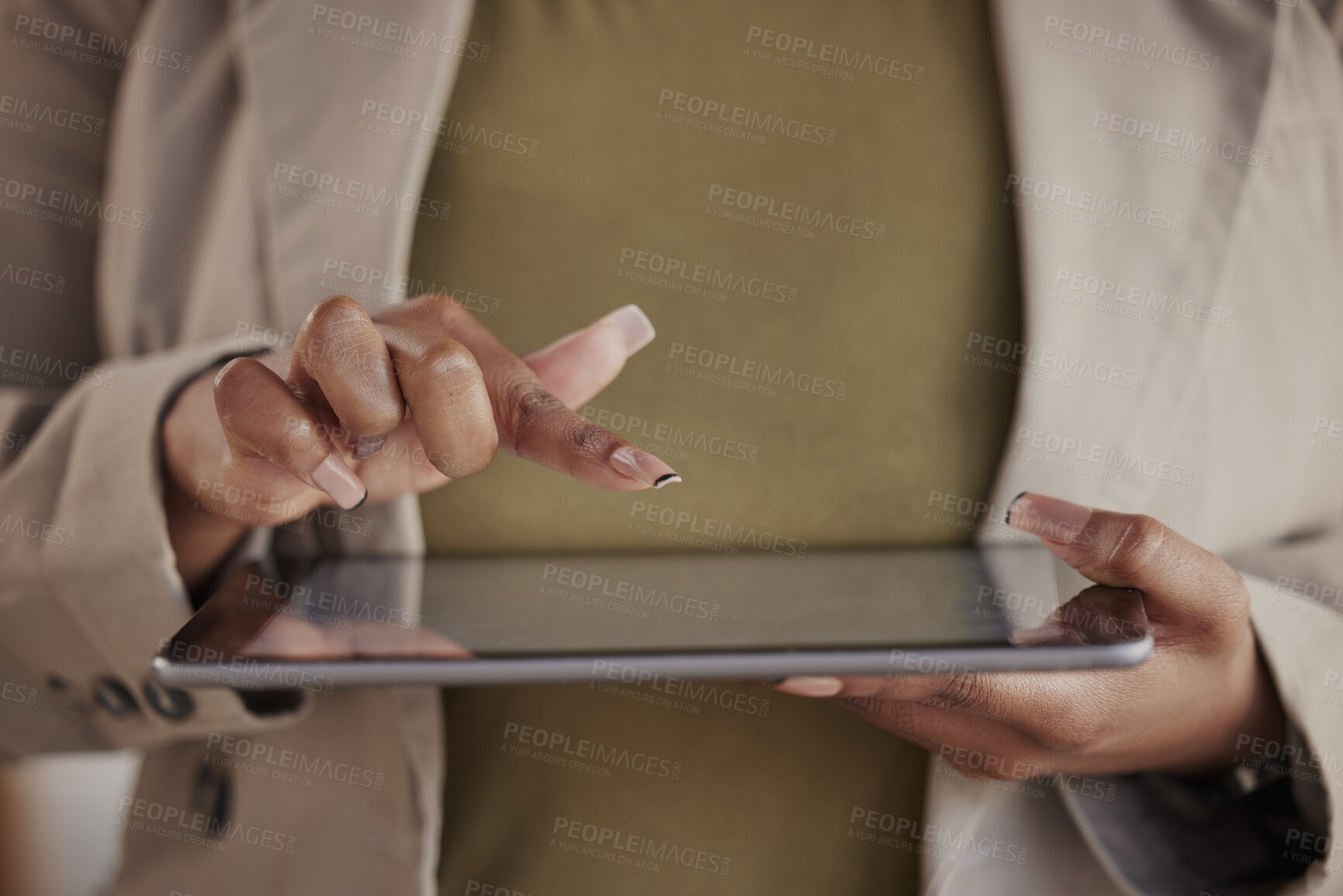 Buy stock photo Business woman, hands or scroll on tablet for planning research, company data or internet information. Closeup of female worker with digital technology for online network, website or user application