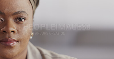 Buy stock photo Portrait, serious and professional with black woman in half face with management in nigeria for banner. Employee, confidence and african worker at company with pride in mockup, space with lawyer.