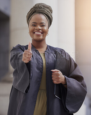 Buy stock photo Woman, lawyer and portrait with thumbs up at the court for justice, success and confidence of leader or judge on law case. Happy, agreement and working in legal advice, building or courthouse