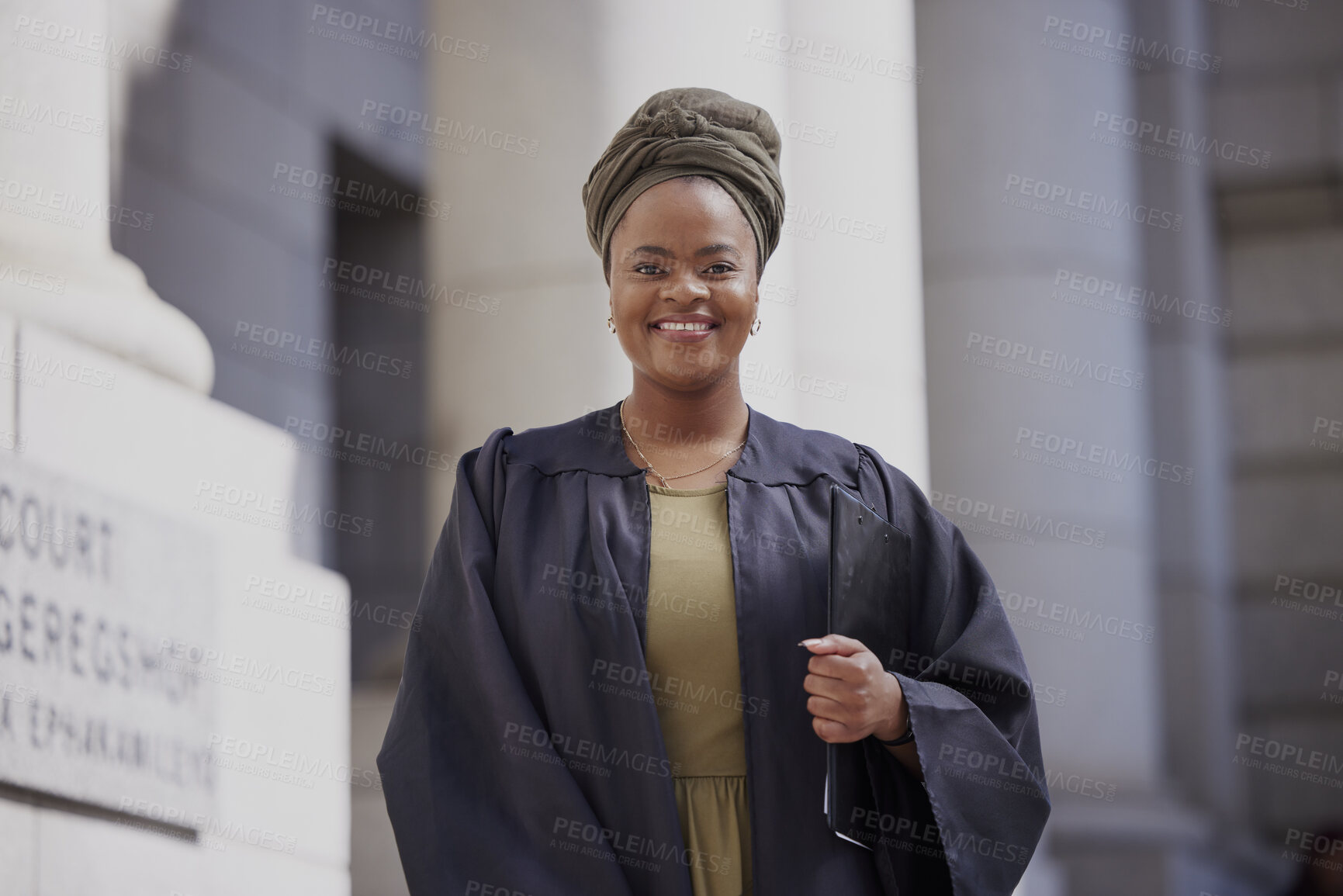 Buy stock photo Black woman, portrait and judge at the court for justice, empowerment and confidence of leader in law, jury or success in case. Happy, African lawyer and working at office, building or courthouse
