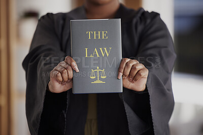 Buy stock photo Hands, lawyer or advocate with book, constitution research or education for learning the justice system. Woman, judge or closeup of attorney studying knowledge, guide or information for legal agency