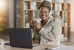 Thinking, coffee and happy business black woman with laptop for brainstorming, ideas and planning. Corporate, African and female person relax in workplace with beverage, caffeine and tea on break