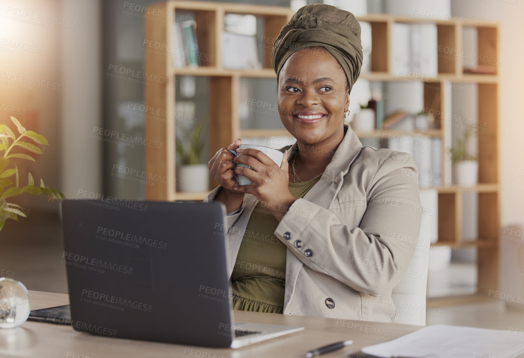 Buy stock photo Thinking, coffee and happy business black woman with laptop for brainstorming, ideas and planning. Corporate, African and female person relax in workplace with beverage, caffeine and tea on break
