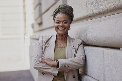 Buy stock photo Lawyer, happy and black woman is confident in city with vision or empowerment in career. Smile, portrait and african female attorney with crossed arms at job as advocate  outside courtroom or agency.