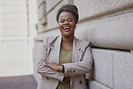 Portrait, lawyer and confident in city with black woman at courtroom with motivation for career. Success, happiness and crossed arms with female attorney for job as advocate for justice with vision.