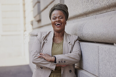 Buy stock photo Portrait, lawyer and confident in city with black woman at courtroom with motivation for career. Success, happiness and crossed arms with female attorney for job as advocate for justice with vision.