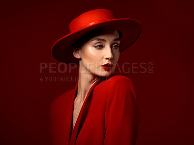 Buy stock photo Fashion, thinking and woman in red hat in studio isolated on a background mockup space. Makeup, cosmetics and female model in fedora, serious style and classy clothes with aesthetic, vision and idea