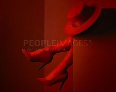 Buy stock photo Red shoes, hat and closeup in studio, sexy and aesthetic for retro couture design, luxury clothes or mystery by background. Stiletto heels, feet and relax for high fashion, elegance and vintage style