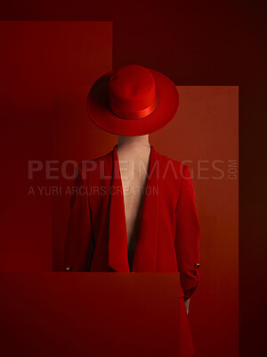 Buy stock photo Back, fashion and mock up with a woman on a red background in studio for marketing, advertising or branding. Luxury, aesthetic style or a female model standing with empty or blank space from behind