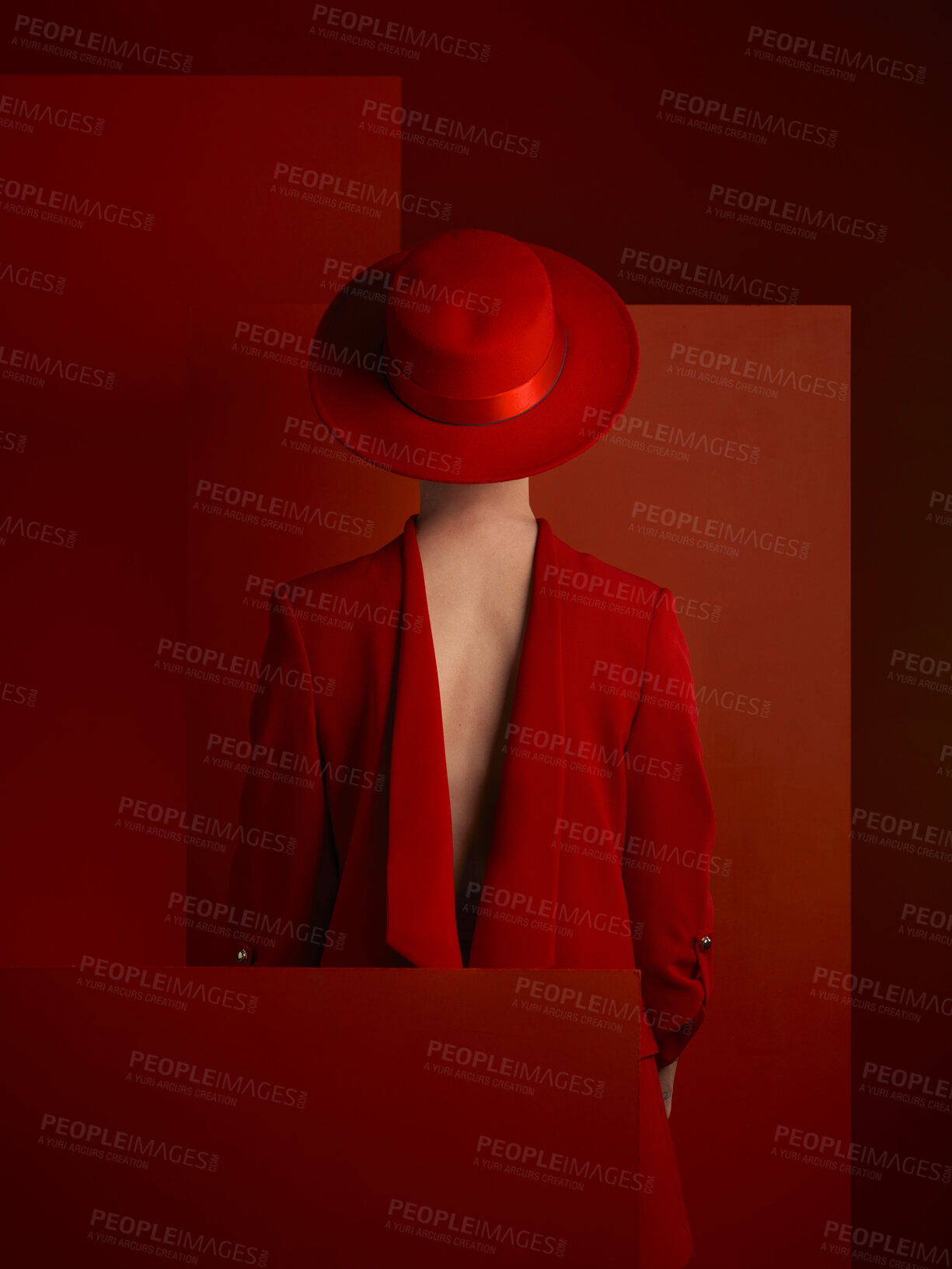 Buy stock photo Back, fashion and mock up with a woman on a red background in studio for marketing, advertising or branding. Luxury, aesthetic style or a female model standing with empty or blank space from behind