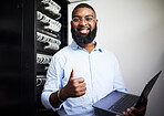 Server room, laptop and thumbs up with technician man for internet connection and software programming. Engineer black person with technology and thank you for cybersecurity system in data center