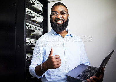 Buy stock photo Server room, laptop and thumbs up with technician man for internet connection and software programming. Engineer black person with technology and thank you for cybersecurity system in data center