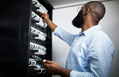 Buy stock photo Server room, tablet and technician man with cable for internet connection for software programming. Engineer black person with tech for cybersecurity, hardware wire or maintenance in data center